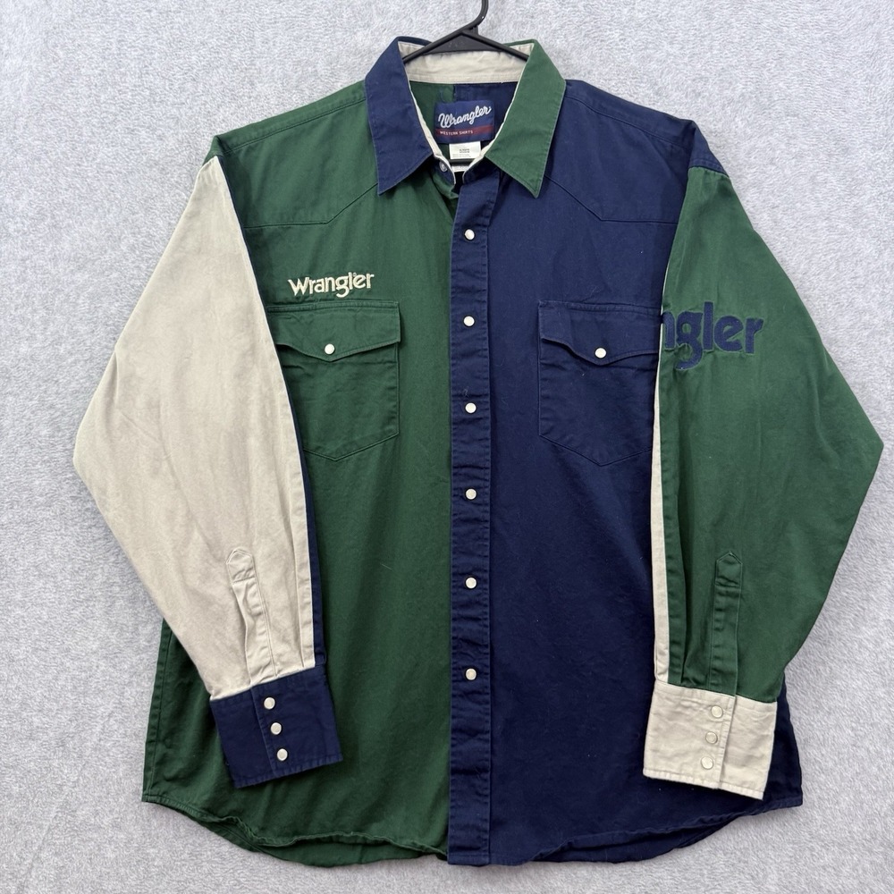 Wrangler Shirt Mens XL Blue Green Beige Pearl‎ Snap Colorblock Western Cowboy